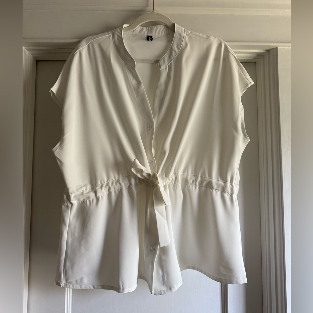 Easy Care Creamy White Drawstring Waist Top, XL